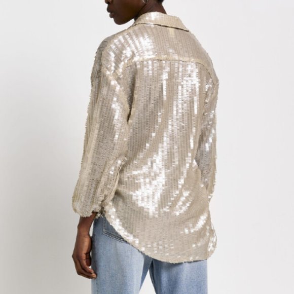 River Island Champagne Gold Sequin Tie Front Blouse - Picture 3 of 5